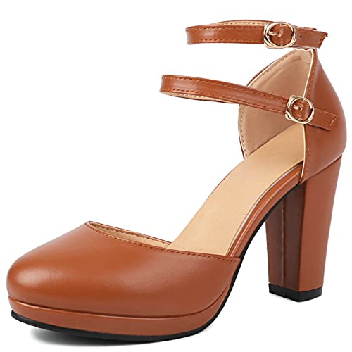 Women Chunky Heeled Ankle Strap Pumps Two Buckle Closed Toe Platform Block Heel Vintage Mary Janes