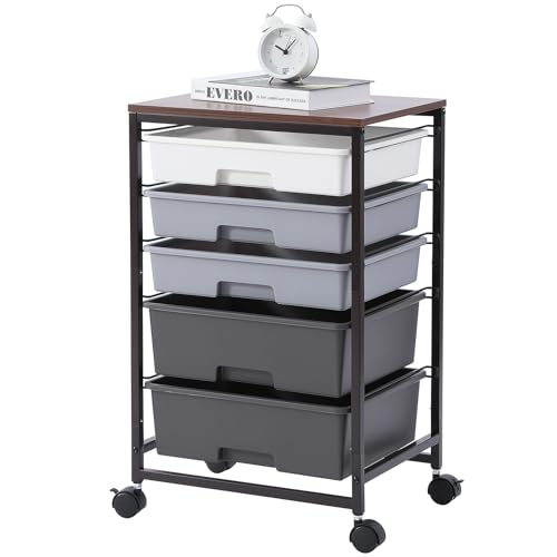 Image of SYKIARIOL Utility Cart with 5 Drawers,Storage Drawer Cart with Wooden Tabletop and Lockable Wheels,Craft Storage Trolley Cart,5-Tier Rolling Utility Cart on Wheels,Dark Grey