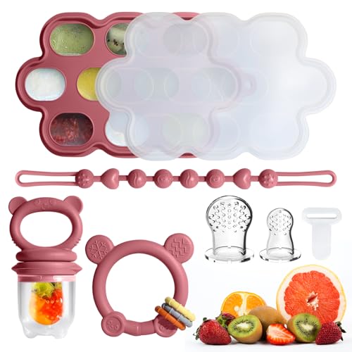 Image of Baby Fruit Food Feeder & Breastmilk Popsicle Molds for Teething Relief, Baby Feeding Sets, 1 Freezer Tray with Lid & 1 Teether Toy & 1 Silicone Teething Pacifier Feeder, Extra Food Pouches (Red)