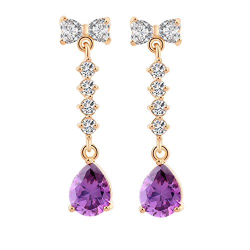 Cuelga los pendientes Yazilind Vogue chapados en oro Cubic Zirconia Bowknot gota de regalo de la joyería de las mujeres Púrpura