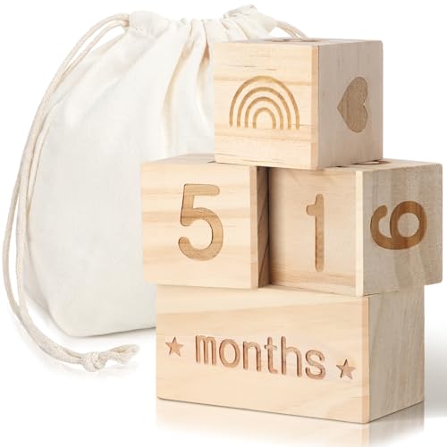 Image of Wonderjune Boho Baby Monthly Milestone Blocks Set of 4 Wooden Baby Age Milestone Signs with Drawstring Bag Months Weeks Years Days Blocks for Newborn Photo Props Keepsake