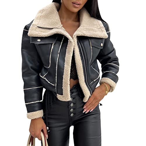 Yassiglia Damen Jacke Warm Elegant Kunstlederjacke Herbst Winter Bikerjacke Vintage Dicke Winterjacke Fleece Leder Patchwork Jacke Kurzer Mantel (Schwarz, S)