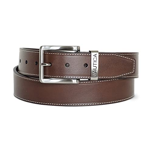 Image of Nautica Men's Casual Leather Belt | Everyday | Classic | Pants | Jeans | Khakis | Chinos | Metal Buckle