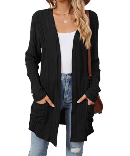 GRMLRPT Cárdigan Largo Mujer Manga Larga de Punto Chaqueta Ligera Frente Abierto Jersey Cárdigans Ropa Elegante de Suéteres Largos con Bolsillos(Negro,L)