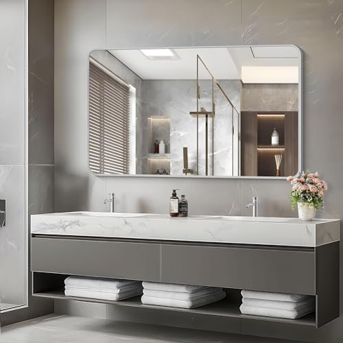 Image of 48x30 Inch Silver Bathroom Mirror, Metal Framed Silver Rectangle Mirrors, Rounded Rectangular Vanity Mirror, Wall Mounted Mirrors for Living Room Bedroom Entryway Hangs Horizontal or Vertical