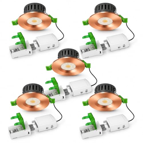 Image of Kanlux Pack of 5 LED Fire Rated Downlights, Dimmable IP65 Waterproof Recessed Ceiling Spotlights, Multi Wattage 4-in-1 CCT, 30/60/90 Min Rated, 65mm Cut Out (Copper Bezel)