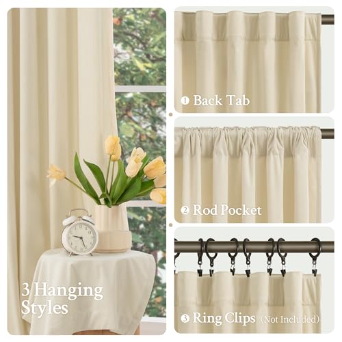 LAMIT Beige Velvet Curtains 90 Inches for Living Room, Elegant Thermal Insulated Panels Noise Reducing Back Tab and Rod Pocket Drapes for Bedroom/Farmhouse, 2 Panels, 52 x 90 Inch