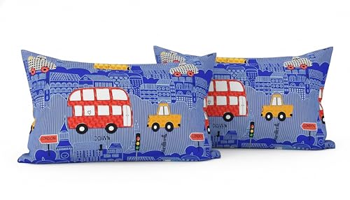 Image of Filymore Pillow Covers Pair of 2 Covers for Kids' Room, Super car Theme Girls, Boys | 240 TC Microfiber Soft & Skin Friendly Pillow Cases | Size (17 x 27 inch (Blue red and White).