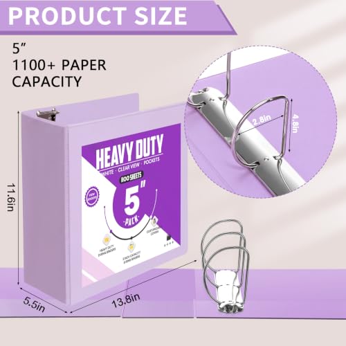 Image of Sinload 6 Pcs 3 Ring Binder, 5 Inch Large Capacity 3 Slant D Ring Binders with Pockets, 8.5 inch x 11 inch Presentation Folder View Binder with Customizable Clear Cover for Documents Files Projects (Purple)