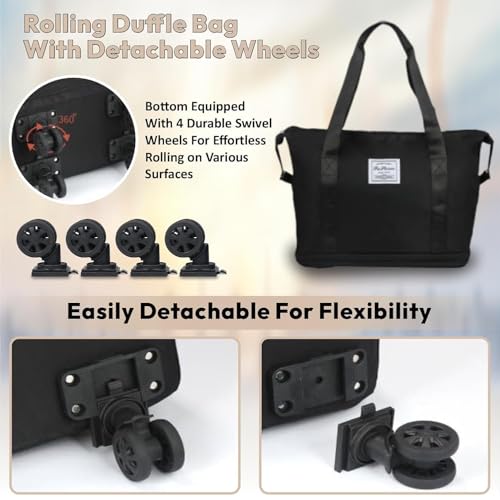 Image of Rolling Duffle Bag with Wheels, Expandable Foldable Travel Duffle Bag with Telescopic Handle, Portable Wheeled Luggage Bag for Travel, Lightweight Foldable Suitcase Bag for Men & Women (Black)