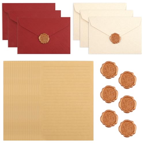 Briefpapier mit Umschlag Set, 20 Vintage Briefpapier mit 6 Umschlag, Selbstklebend Wachssiegel-aufkleber, Vintage Papier mit Linien, Briefumschlag Briefpapier, für Einladung Liebesbrief