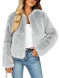 Funlingo Faux Fur Coat for Women Winter Warm Long Sleeve Cropped Jacket Trendy Zip Up Shaggy Outerwear Grey M