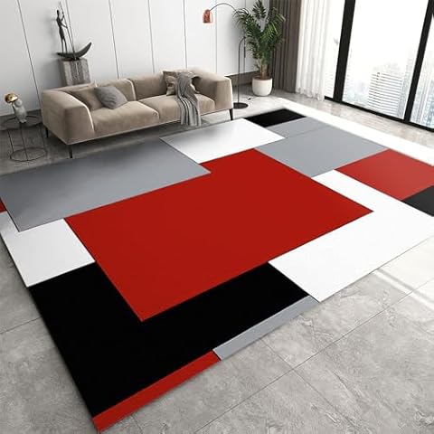 Modern Light Luxury Washable Rugs, Fashion Red Black White Gray Rectangles Geometric Area Rug, Anti-Slip Non-Shedding Hardwearing Home Decor Mat for Bedroom Entryway Kitchen Office Living Room 6x8ft Cover