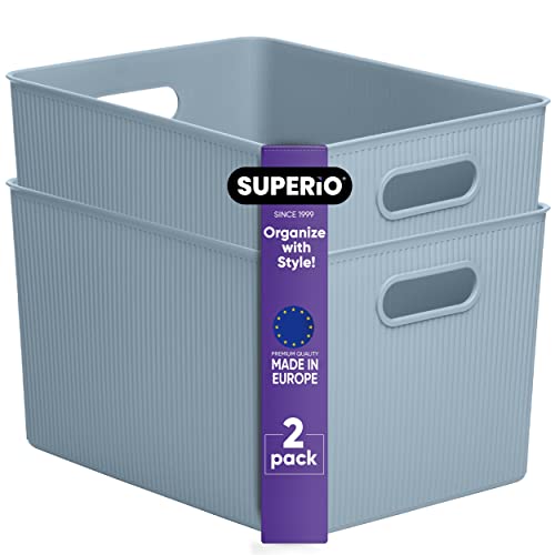 Image of Superio Ribbed Collection - Decorative Plastic Basket Open Home Storage Bins Organizer, X-Large Blue (2 Pack) Container Boxes for Organizing Closet Storage Bins for Shelves 22 Liter /23 Quart