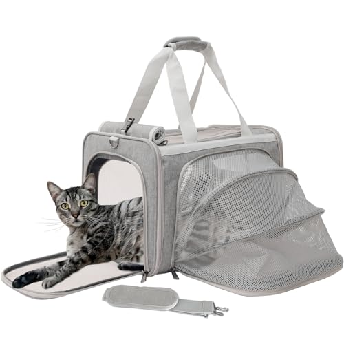 PATAZONE-Grey-Cat-Carrier-Expandable-Small-Dog-Bag-Puppy-Purse-for-Bunny-Rabbit-Small-Animal-Tote-Handbag-Traveling-Outdoor-Picnic-Carry-Bag-TSA-Airline-Approved-Light-Grey