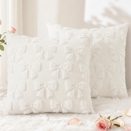 Image of decorUhome Cream White Bow Faux Fur Throw Pillow Covers 20x20 Set of 2
