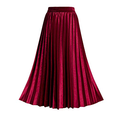 Tonchengsd Women's Gold Velvet High Waist Flared Skirt Pleated Midi Skirt (Wine Red, Xl) #TOP21
