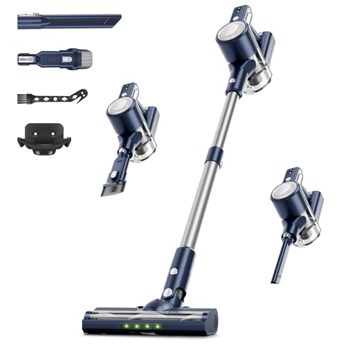 Cordless Vacuum Cleaner for Home, 6-in-1 Stick Vacuum with Powerful Suction, Rechargeable, Anti-Tangle Pet Hair Brush, Self-Standing, Green LED Headlight Vacuum for Carpet & Hardwood Floors-Dark Blue