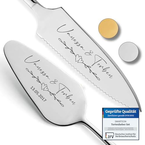 SMARTEON Tortenheber inkl. Tortenmesser im Set mit persönlicher Gravur als Geschenk zur Hochzeit, Jahrestag, Geburtstag - Hochzeitsgeschenke für Brautpaare - Silberfarbenes Set in Geschenkbox