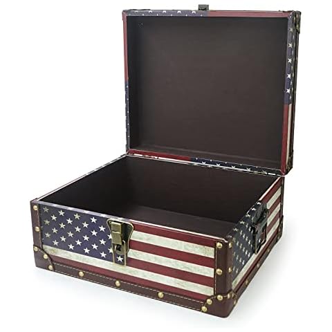DreamsEden Large Vintage Decorative Storage Trunk - Wooden American Flag Treasure Chest Box, 13.8" x 11.8" x 6.7" Cover