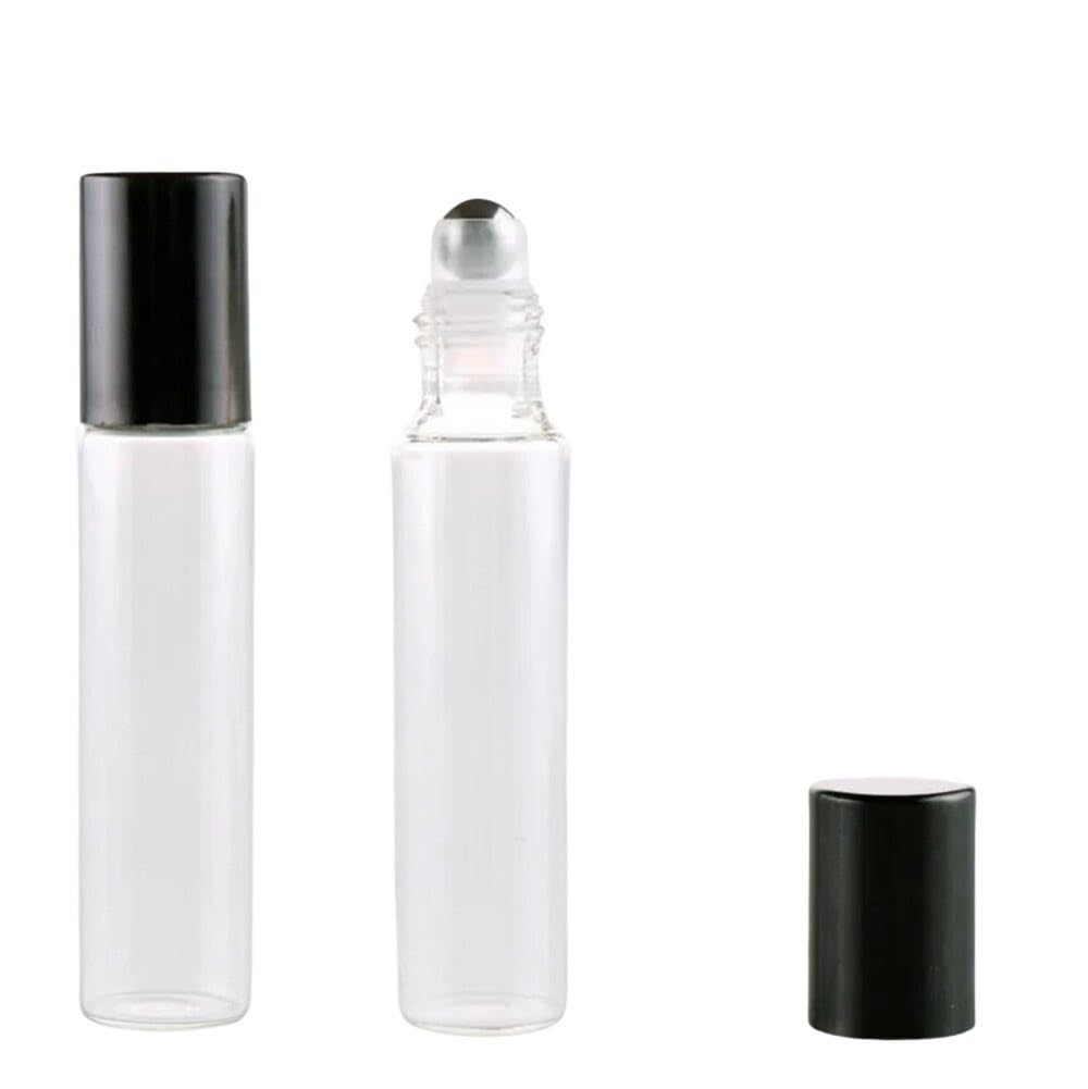 CMJ™ 2 x 10ml Clear Roller Ball Empty Bottles Essental Oils Metal Roller Ball Roll On Black Lid UK SELLER