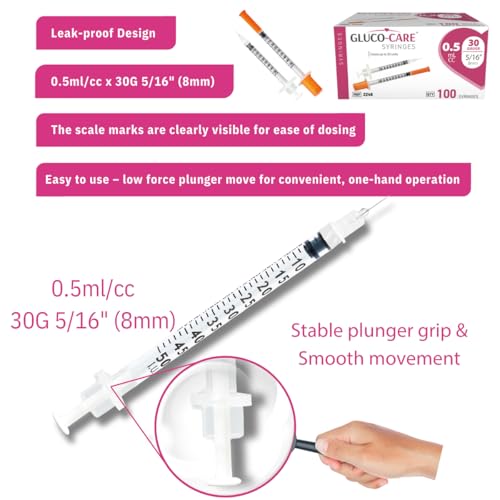 Image of GLUCO-CARE 0.5 ml /cc Syringes 30G x 5 /16'' (8mm), 100 /box | Fine Tip, Home & Lab Use, Clear Barrel, Bold Scale, Smooth Plunger Movement with back-end stopper, Leak-Proof Design