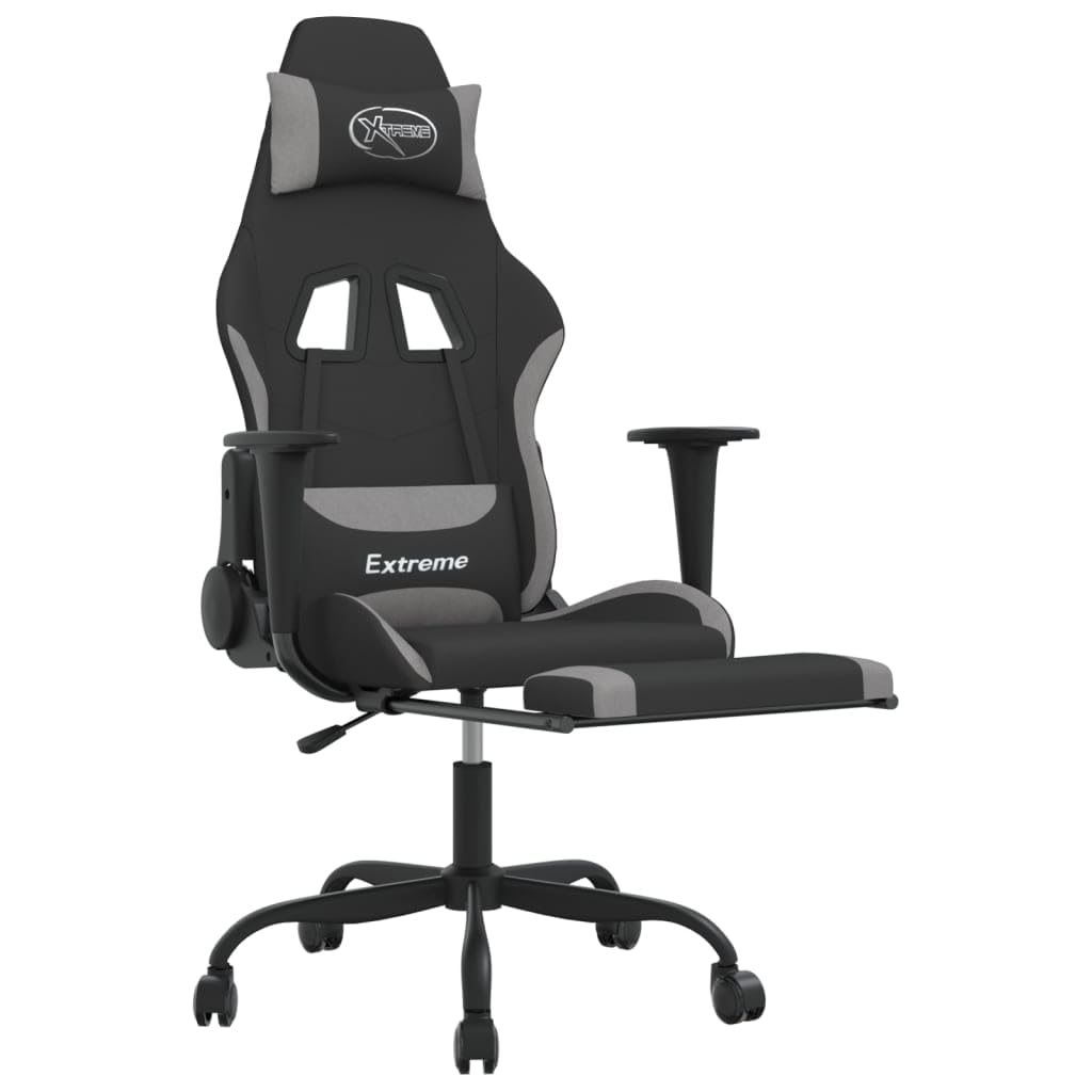 Fotel gamingowy z funkcją masażu i podnóżkiem, ergonomiczne krzesło biurowe z materiału w kolorze czarnym i jasnoszarym, regulacja wysokości z funkcją przechylania i regulowanym oparciem