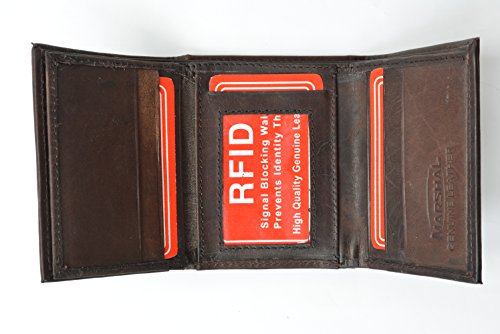 Mens Trifold Leather Wallet RFID Blocking Brown Marshal New2