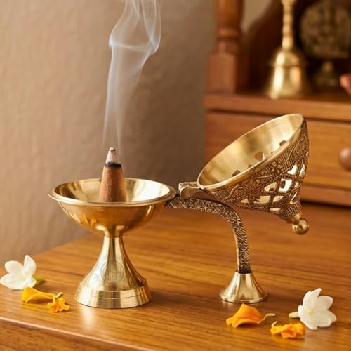 Image of DSH Brass Dhuna Burner for Loban Traditional Dhoop Dani Sambrani Incense Dhuni Holder for Pooja, Spiritual Rituals & Home Purification