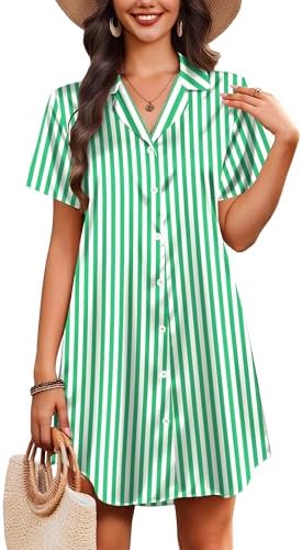 Ekouaer Women's Sleepshirts Satin Silk Nightgown Short Sleeve Sleepwear Casual Print Sleepdress Boyfriend Pajamas Nightshirt