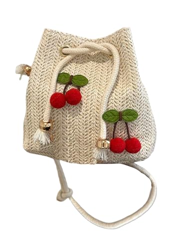 Women's 3D Cherry Drawstring Crossbody Bags Small Cute Travel Bucket Straw Bag