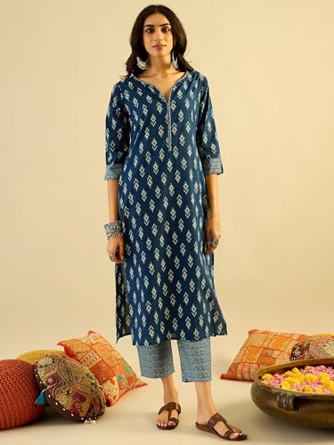 Image of INDO ERA Women's Pure Cotton Printed Kurta Pant with Dupatta Set