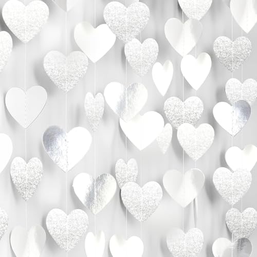 Image of Glitter-Silver White Party-Decoration Heart Garland - 39ft Birthday String Backdrop Streamer Disco Hanging Paper Banner,Graduation Engagement Wedding Bachelorette Bridal Shower Winter Christmas Decor