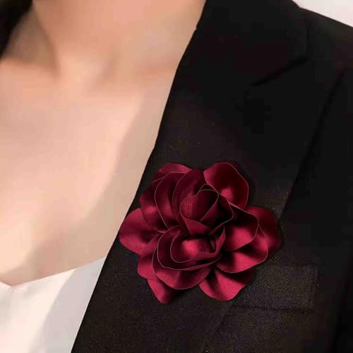 Image of 2Pcs 5in Dainty Satin Fabric Flower Brooch Extra Large Rose Camellia Flower Brooches Lapel Pins for Women Wedding Party Dance Banquet Clothes Jewelry Accessories