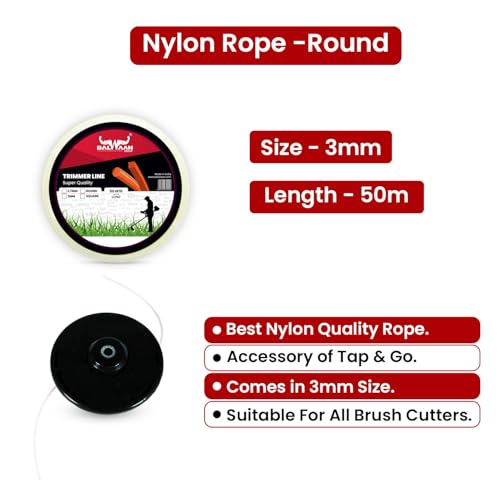 Image of Balwaan Krishi Trimmer Line | Nylon Rope Bundle for Brush Cutter, Accessory of Tap n Go | Grass Cutter, Trimmer, Tap n Go, Suitable for All Types of Brush Cutters (Round, Pack of 1)|NRR-350 (White)