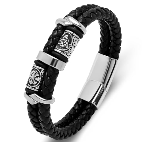 Mens Double Row Braided Leather Wristband Stainless Steel Beaded Double Layer Leather Cord Wristband Bangle Viking Bracelet Gift for Men