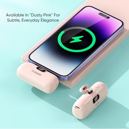 Image of Powerpod 5000mAh 22.5W Fast Charging Nano Powerbank, in-Built Type C Input /Output Pin, Type C PD Output, LED Battery Indicator, Compatible with Type C Smartphone, iPhone (Dusty Pink)
