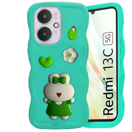 Image of AESTMO Back Case Cover for Redmi 13C 5G / Poco M6 5G | 3D Cute Fun Cartoon Characters | Anti Slip Grip Cute Wave Curly Frame Shape | Back Cover for Redmi 13C 5G / Poco M6 5G | (Mint Green)
