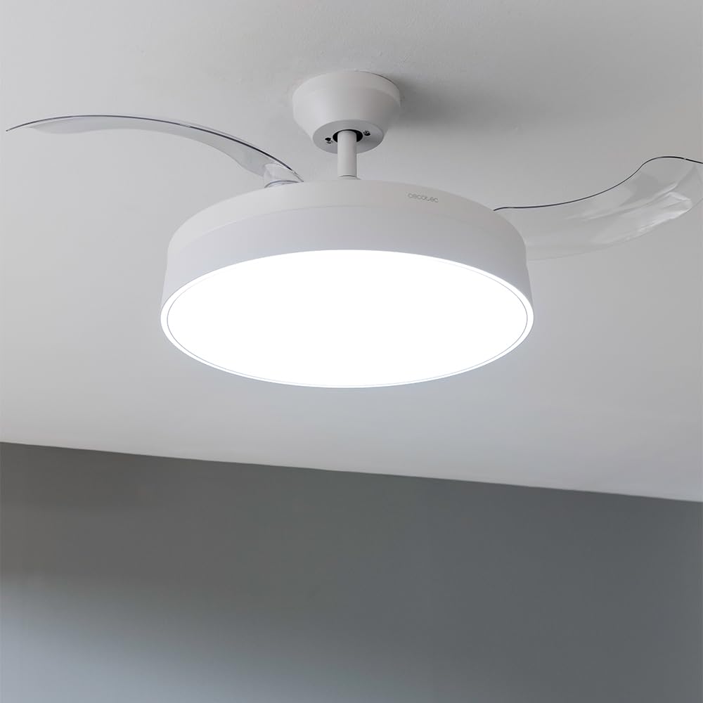 Cecotec Ventilador de Techo con Aspas Retráctites y Lámpara EnergySilence Aero 4280 Invisible White. 40 W, Diámetro 42" (106cm), Temporizador, 3 Tonos de Luz, Función Verano-Invierno