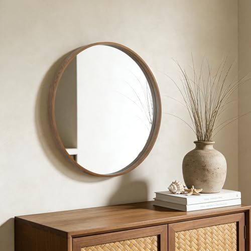 Image of WallBeyond Wood Round Mirror with Wood Frame 24 inch Circle Wall Mirror for Bathroom Round Wall Mirror for Wall Decor, Vanity, Entryway Living Room (Walnut)