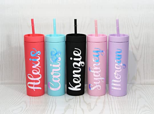 Miniatura 2 de Personalized Skinny Tumbler with Lid and Straw - Monogrammed Tumbler - Custom Tumbler - 16 oz Tumbler - Skinny Tumbler with Straw (Light Pink)
