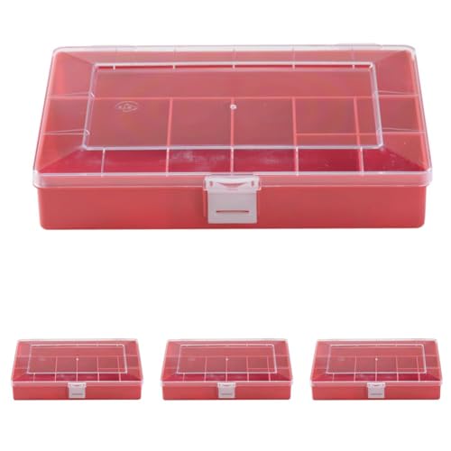 hünersdorff Sortimentskasten: stabile Sortierbox (PS-Compact) mit fester Fachaufteilung (8 Fächer), Sortierkasten-Maße: T170 x B250 x H46 mm, Made in Germany, rot (Packung mit 4)