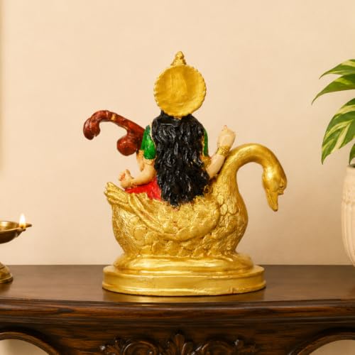 Image of Goddess Saraswati Idol with Veena & Swan (5.5 Inch) - Colorful Maa Saraswati Murti for Home, Office & Study Room
