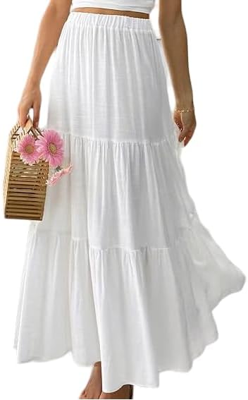 PINKHUB Women's Summer Ruffle Hem Maxi Skirt | High Waist Long Pleated Skirt | Plain A-Line Flowy Skirt for All Occasions | Soft Cotton Blend Fabric | Elegant Boho Style (White, XL)