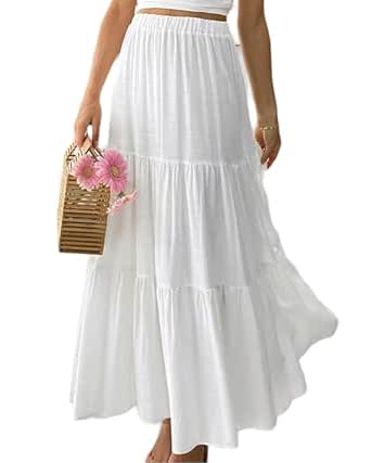 PINKHUB Women's Summer Ruffle Hem Maxi Skirt | High Waist Long Pleated Skirt | Plain A-Line Flowy Skirt for All Occasions | Soft Cotton Blend Fabric | Elegant Boho Style