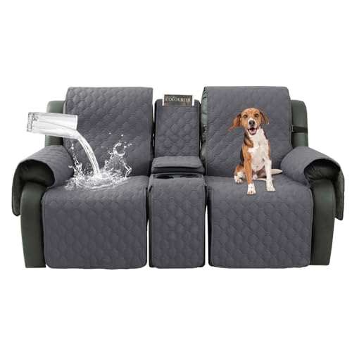 Taque Loveseat Recliner Cover with Center Console, 100% Waterproof Pet Cover for Dual Recliner with Straps Design, Split Reclining Loveseat Covers Furniture Pet&Kids Protector (Grey)