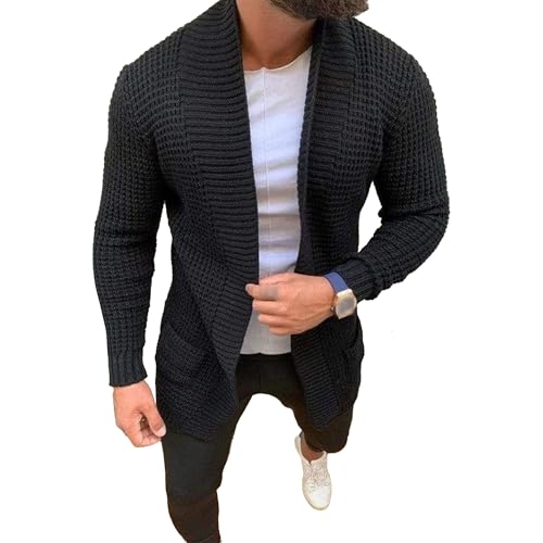 Men's Cardigan Ribbed Fshion Sweater Solid Long Sleeve Open Front Sweater Loose Fit Knit Sweaters with Pockets