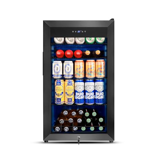 Image of Tylza Beverage Refrigerator Cooler, 130 Cans 3.22 Cu.Ft Small Refrigerator with Low-E Glass Door, Lock, 17-Inch Beer Fridge for Drinks, Beer and Wine, Mini Fridge for Bedroom, Office and Bar, Black