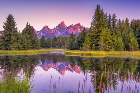 Colori saturi Poster 90 x 60 cm: il riflesso della gamma Teton sul fiume Snake Fotografato all\'alba a Schwabacher s Landing nel Grand Teton (21179034)
