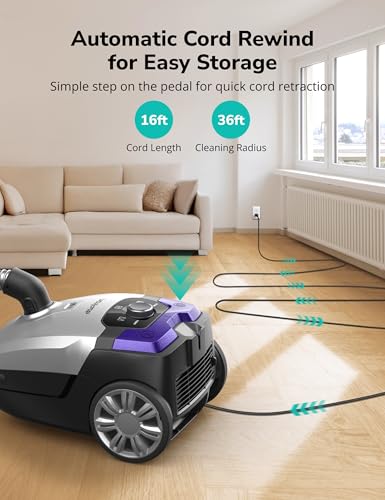 Image of Aspiron Canister Vacuum, 1700W /45KPA Bagged Vacuum Cleaner for Home,5L Large Replaceable Dust Bag, No Mess Empty, Pet Friendly, Auto Cord Rewind, HEPA Filter, for Floor, Low Pile Carpet, Crack, Car